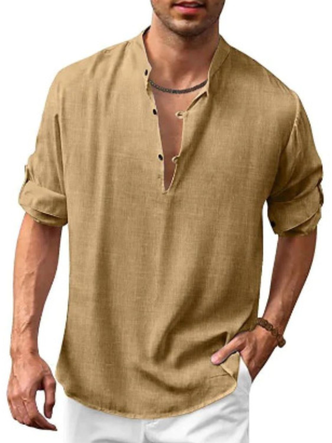 Men's Full Size Button Detail Roll-Tab Sleeve Top Plus Size Luxurious Weddings
