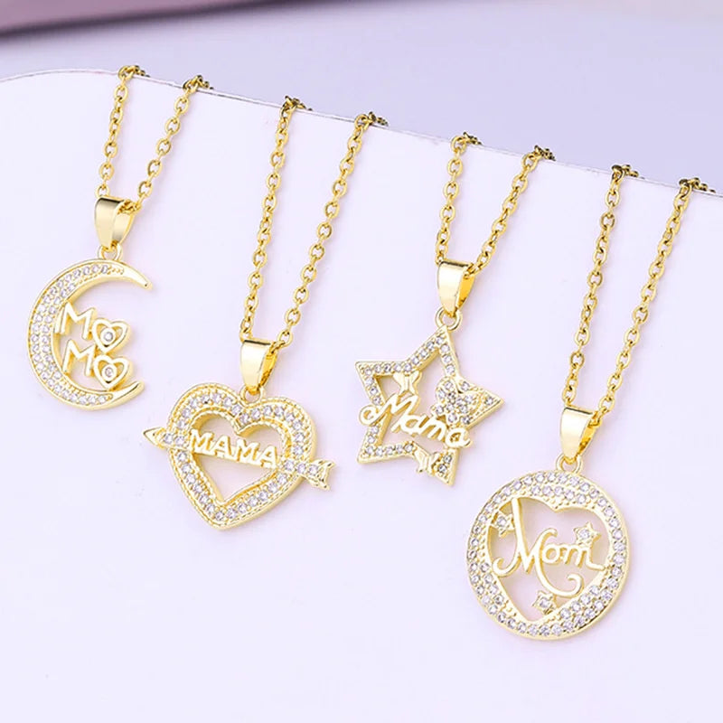 a set of four necklaces with the word mom on them