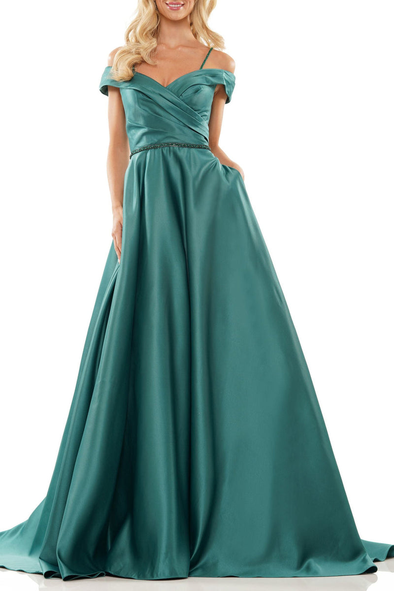 Off-Shoulder Satin Ball Gown – Pleated Corset Prom Dress with Pockets Maxi Dress Luxurious Weddings