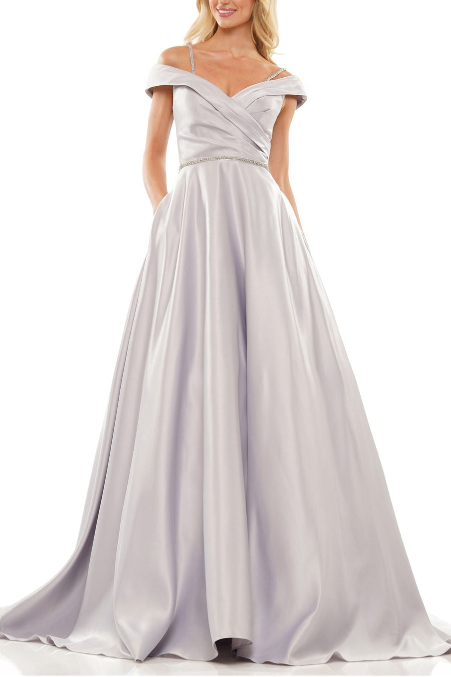 Off-Shoulder Satin Ball Gown – Pleated Corset Prom Dress with Pockets Maxi Dress Luxurious Weddings