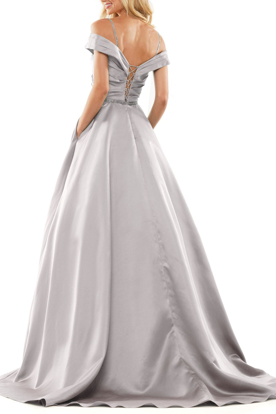 Off-Shoulder Satin Ball Gown – Pleated Corset Prom Dress with Pockets Maxi Dress Luxurious Weddings