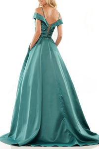 Off-Shoulder Satin Ball Gown – Pleated Corset Prom Dress with Pockets Maxi Dress Luxurious Weddings