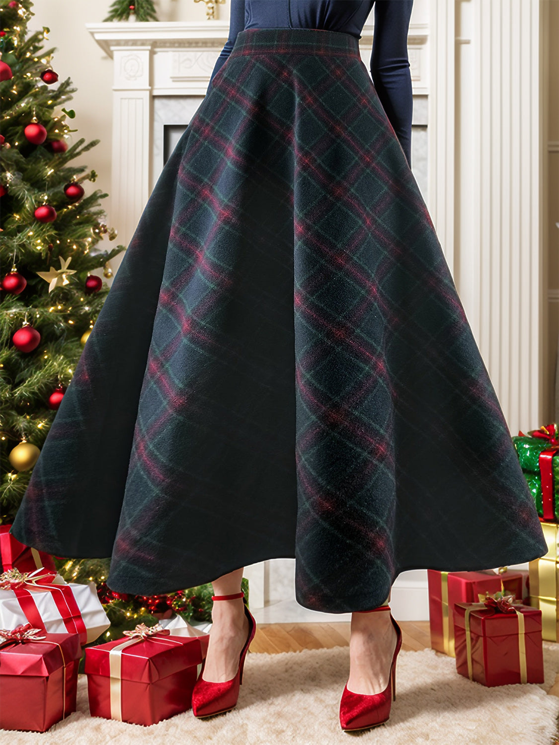 Plaid Elastic Waist Midi Skirt Skirt Suit Luxurious Weddings