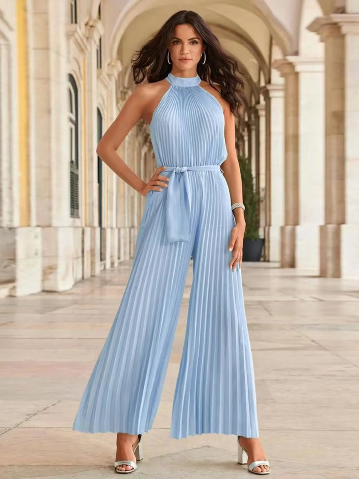 Pleated Sleeveless Wide Leg Jumpsuit Jumpsuit Luxurious Weddings