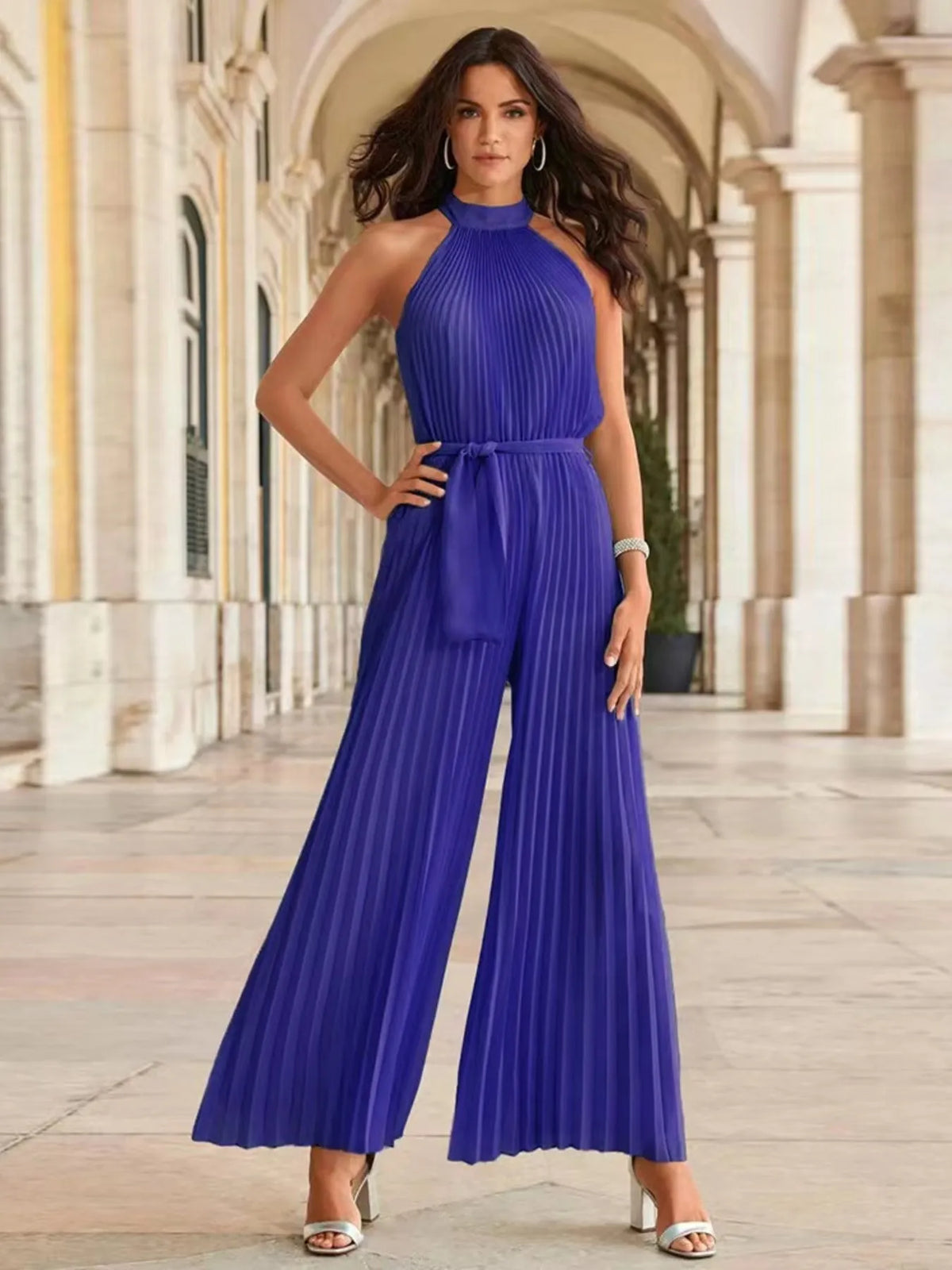 Pleated Sleeveless Wide Leg Jumpsuit Jumpsuit Luxurious Weddings