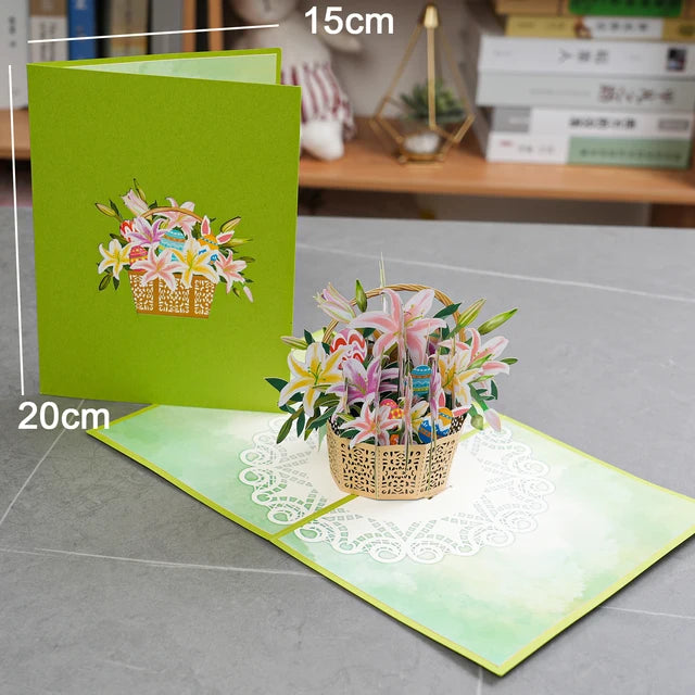 a card with a basket of flowers on top of it