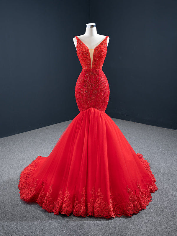 Red Sky At Night Handmade Deep V Beading Dress DRESSES Luxurious Weddings