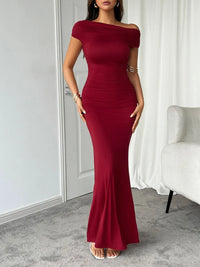 Devine Ruched Single Shoulder Short Sleeve Maxi Dress Formal dress Luxurious Weddings