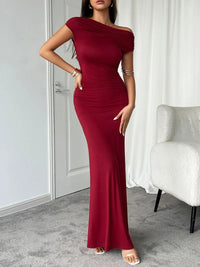 Devine Ruched Single Shoulder Short Sleeve Maxi Dress Formal dress Luxurious Weddings