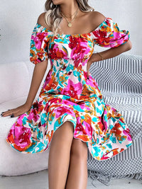 Ruffled Hem Smocked Floral Short Sleeve Midi Dress Dress Luxurious Weddings
