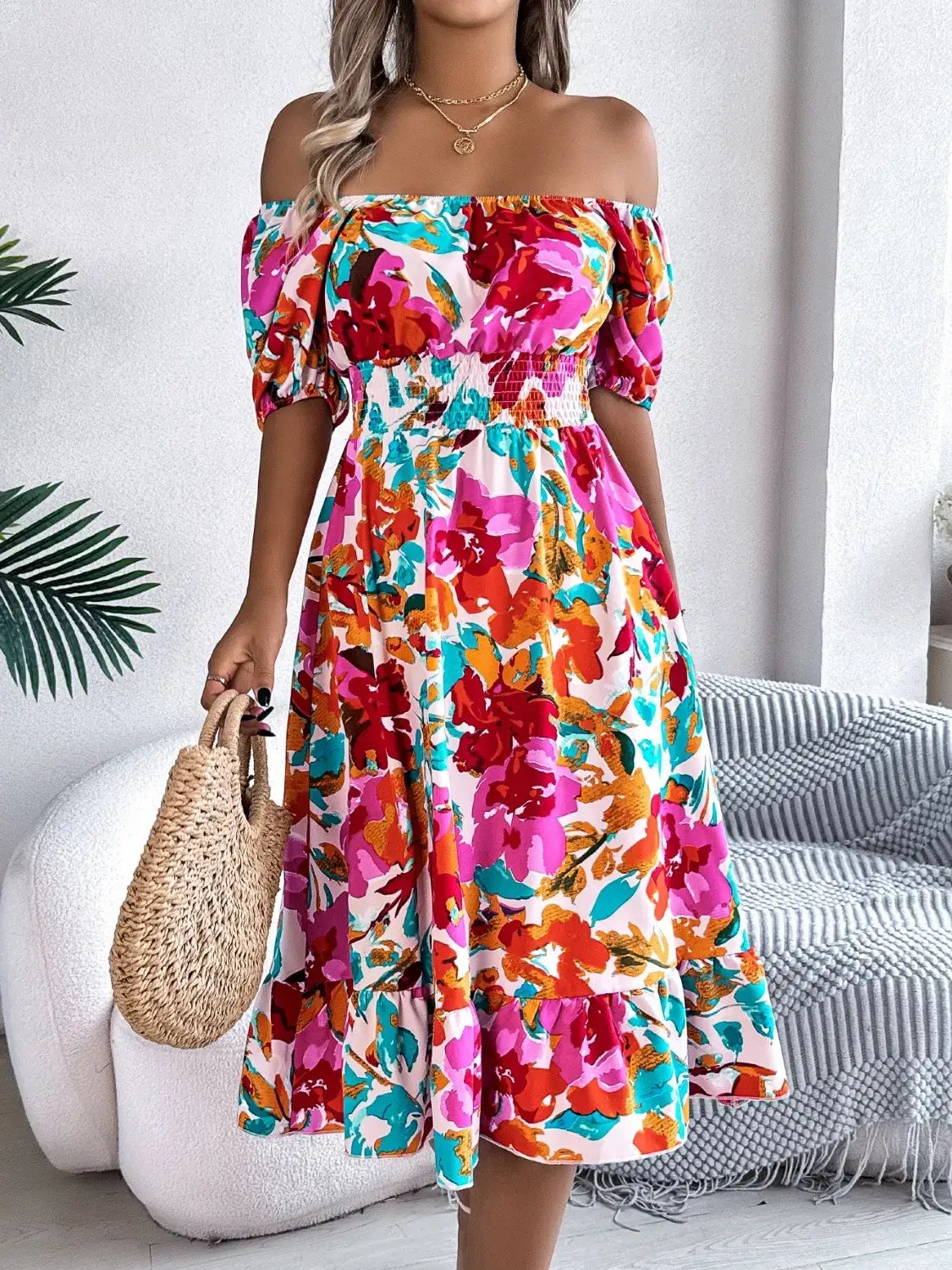 Ruffled Hem Smocked Floral Short Sleeve Midi Dress Dress Luxurious Weddings