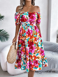 Ruffled Hem Smocked Floral Short Sleeve Midi Dress Dress Luxurious Weddings