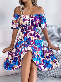 Ruffled Hem Smocked Floral Short Sleeve Midi Dress Dress Luxurious Weddings
