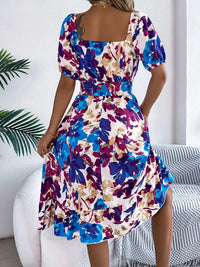 Ruffled Hem Smocked Floral Short Sleeve Midi Dress Dress Luxurious Weddings