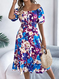 Ruffled Hem Smocked Floral Short Sleeve Midi Dress Dress Luxurious Weddings