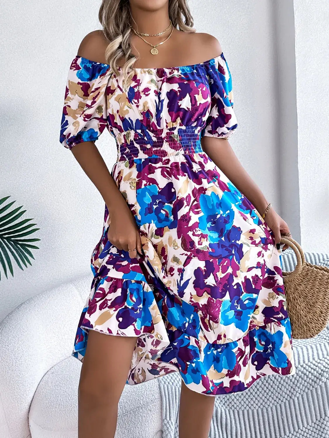 Ruffled Hem Smocked Floral Short Sleeve Midi Dress Dress Luxurious Weddings