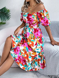Ruffled Hem Smocked Floral Short Sleeve Midi Dress Dress Luxurious Weddings