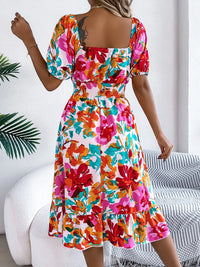 Ruffled Hem Smocked Floral Short Sleeve Midi Dress Dress Luxurious Weddings