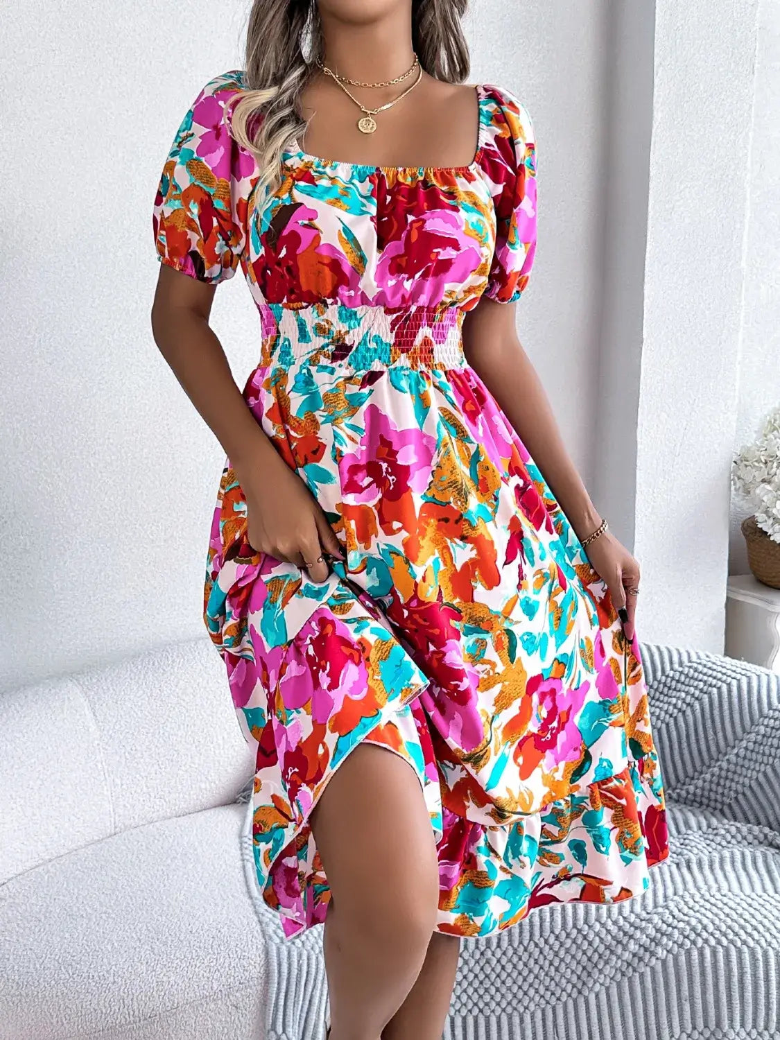 Ruffled Hem Smocked Floral Short Sleeve Midi Dress Dress Luxurious Weddings
