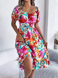 Ruffled Hem Smocked Floral Short Sleeve Midi Dress Dress Luxurious Weddings
