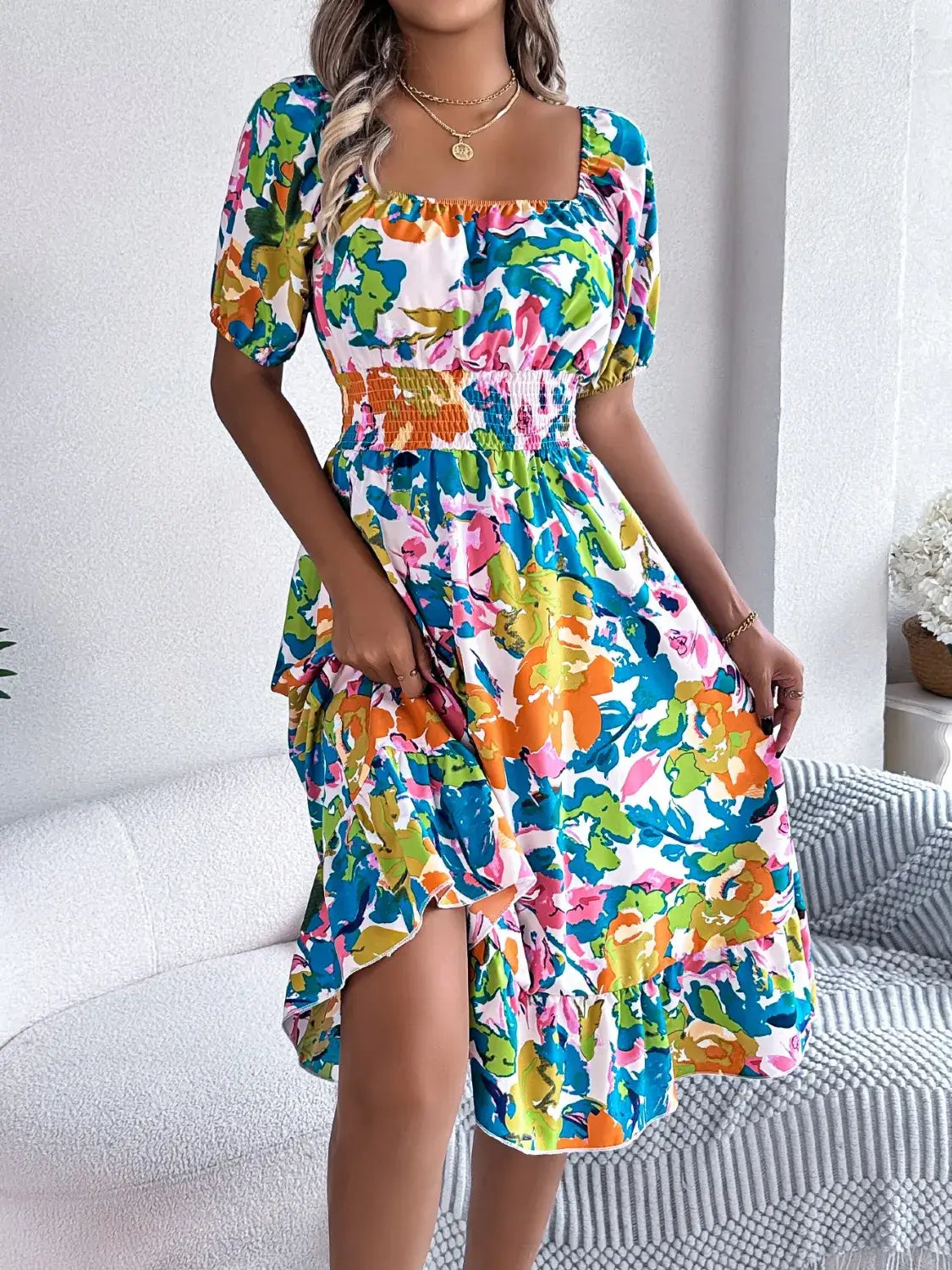 Ruffled Hem Smocked Floral Short Sleeve Midi Dress Dress Luxurious Weddings