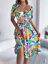 Ruffled Hem Smocked Floral Short Sleeve Midi Dress Dress Luxurious Weddings