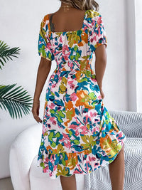 Ruffled Hem Smocked Floral Short Sleeve Midi Dress Dress Luxurious Weddings