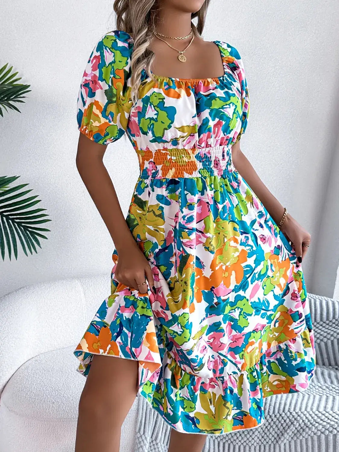 Ruffled Hem Smocked Floral Short Sleeve Midi Dress Dress Luxurious Weddings