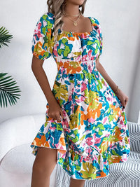 Ruffled Hem Smocked Floral Short Sleeve Midi Dress Dress Luxurious Weddings