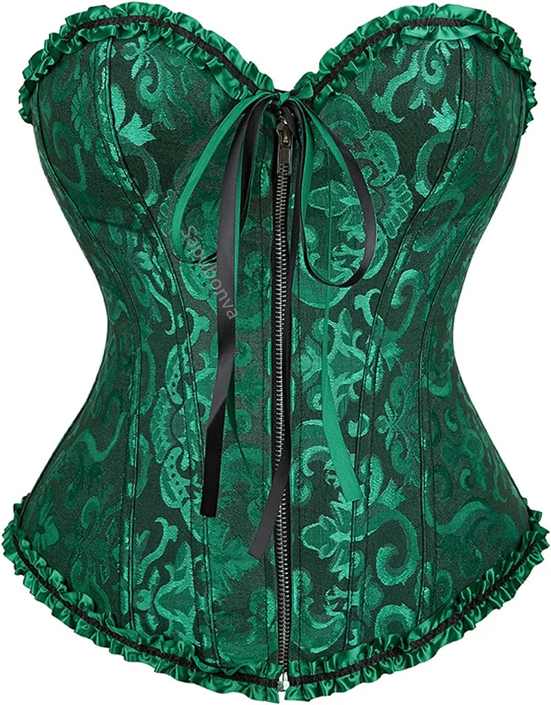 a close up of a green corset