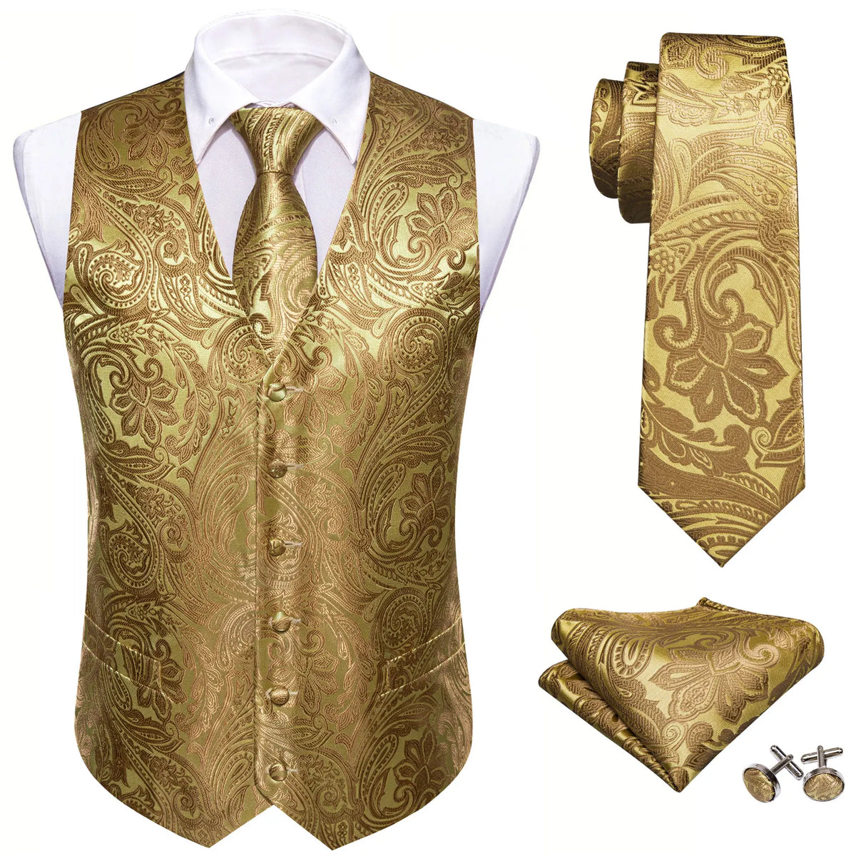 a gold vest and tie with matching cufflinks