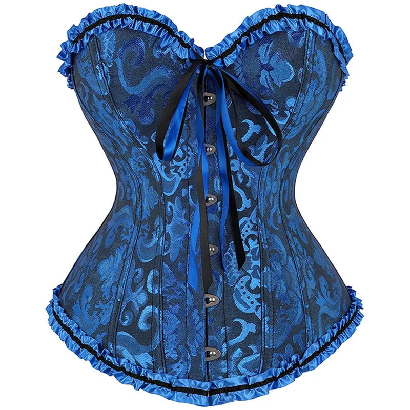 a woman wearing a blue corset with ruffles