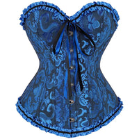 a woman wearing a blue corset with ruffles