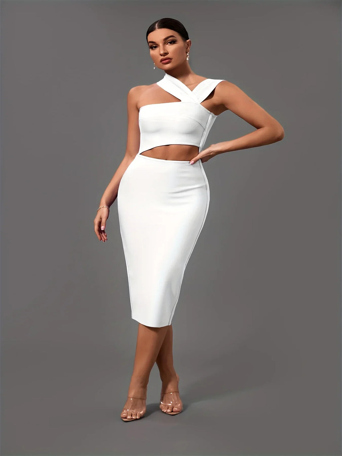 Elegant White Halter Neck Bandage Midi Party Dress Luxurious Weddings