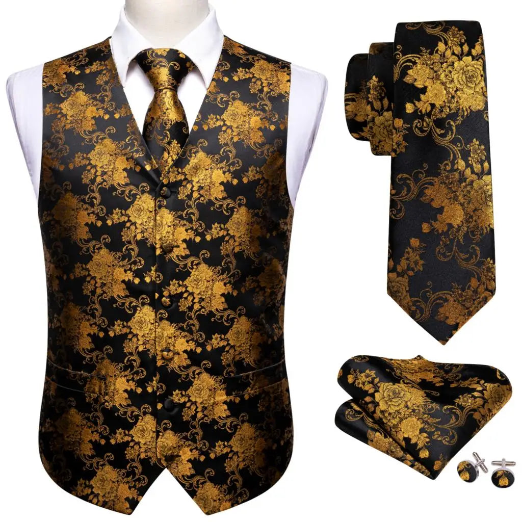 a black and gold suit with matching tie and cufflinks
