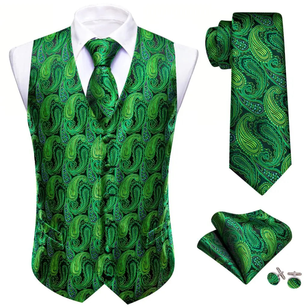a green vest and tie with matching cufflinks