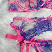 Floral Lace Garter Belt Set in pink and purple, showcasing luxurious fabric and intricate detailing, ideal lingerie in NZ.