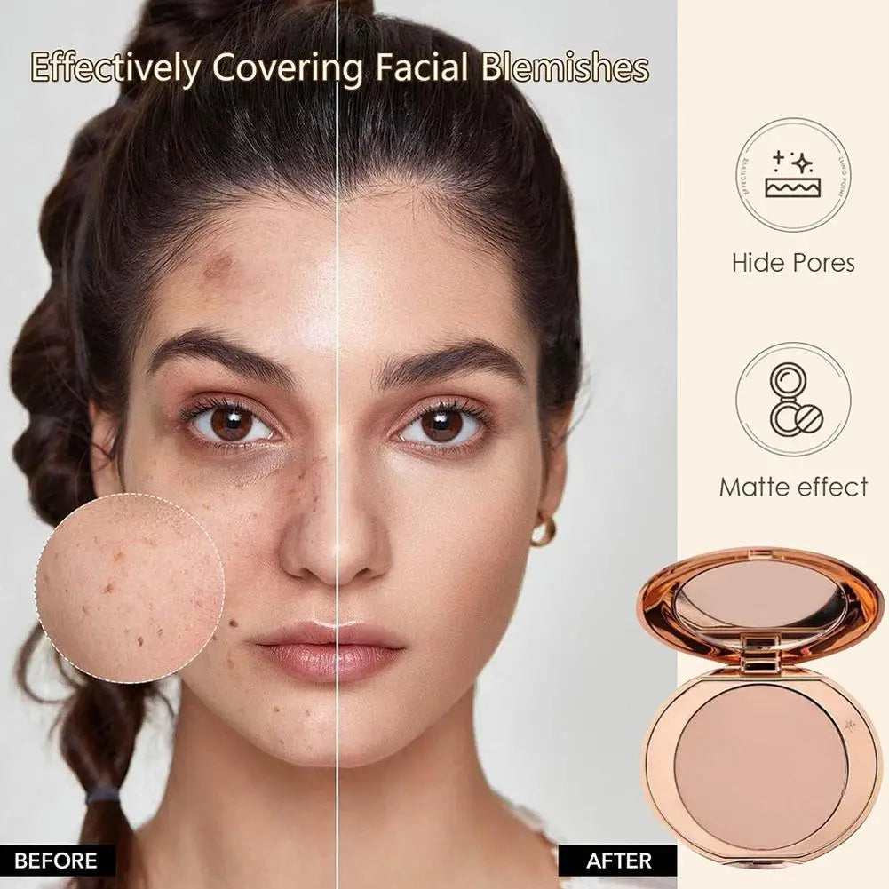 Before and after using Charlotte Tilbury facial oil control powder, showing effective blemish coverage and a smooth matte finish.