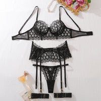 Elegant Lace Suspender Lingerie Set for Women in black, featuring intricate lace design and adjustable straps. Lingerie NZ.