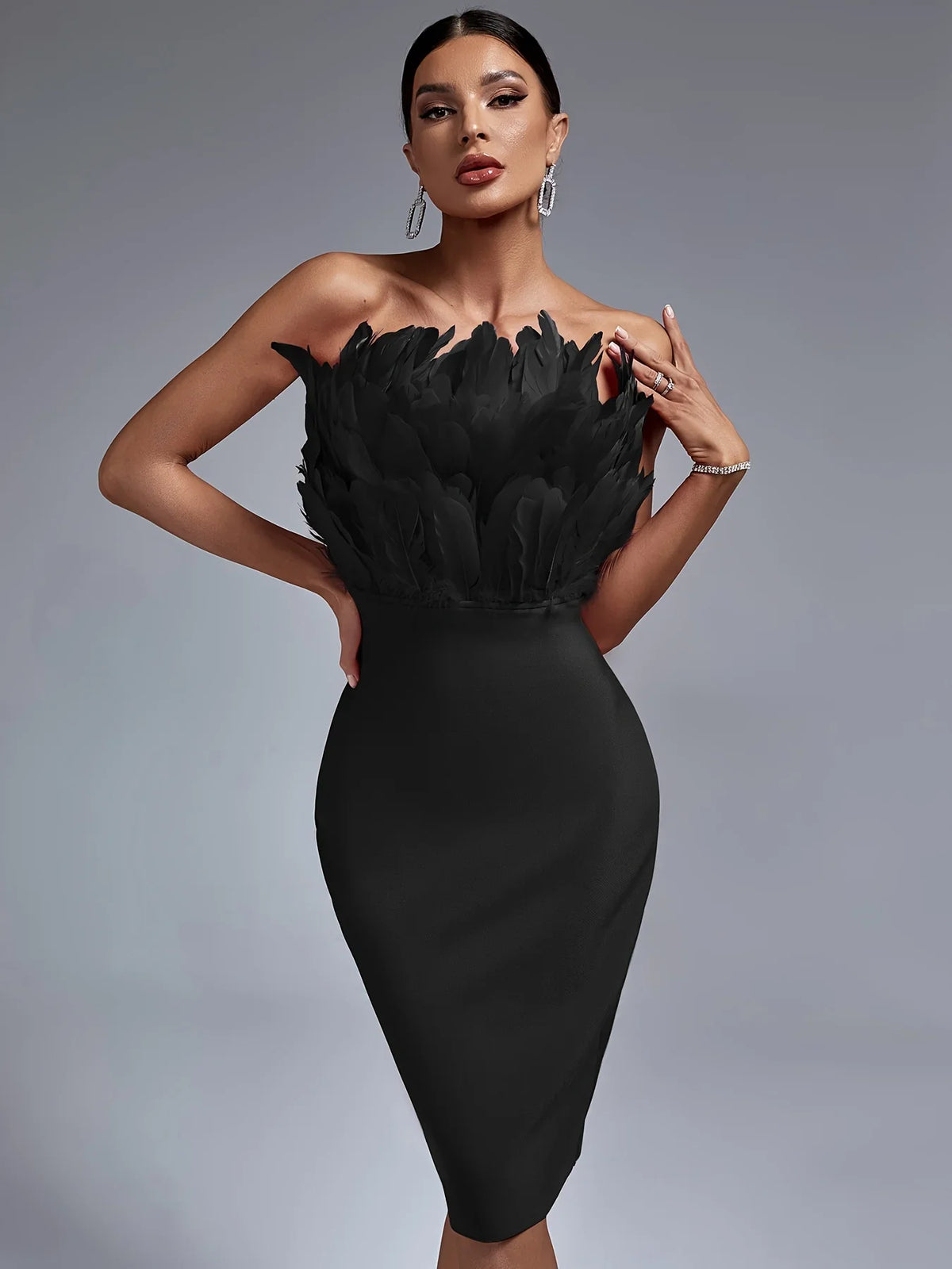 Sexy Black Bandage Party Dress with Feather Detail Luxurious Weddings