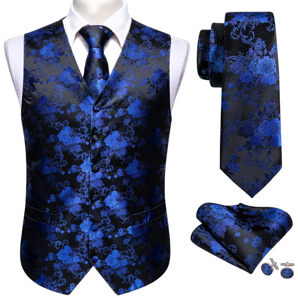 a blue tie and matching vest with matching cufflinks