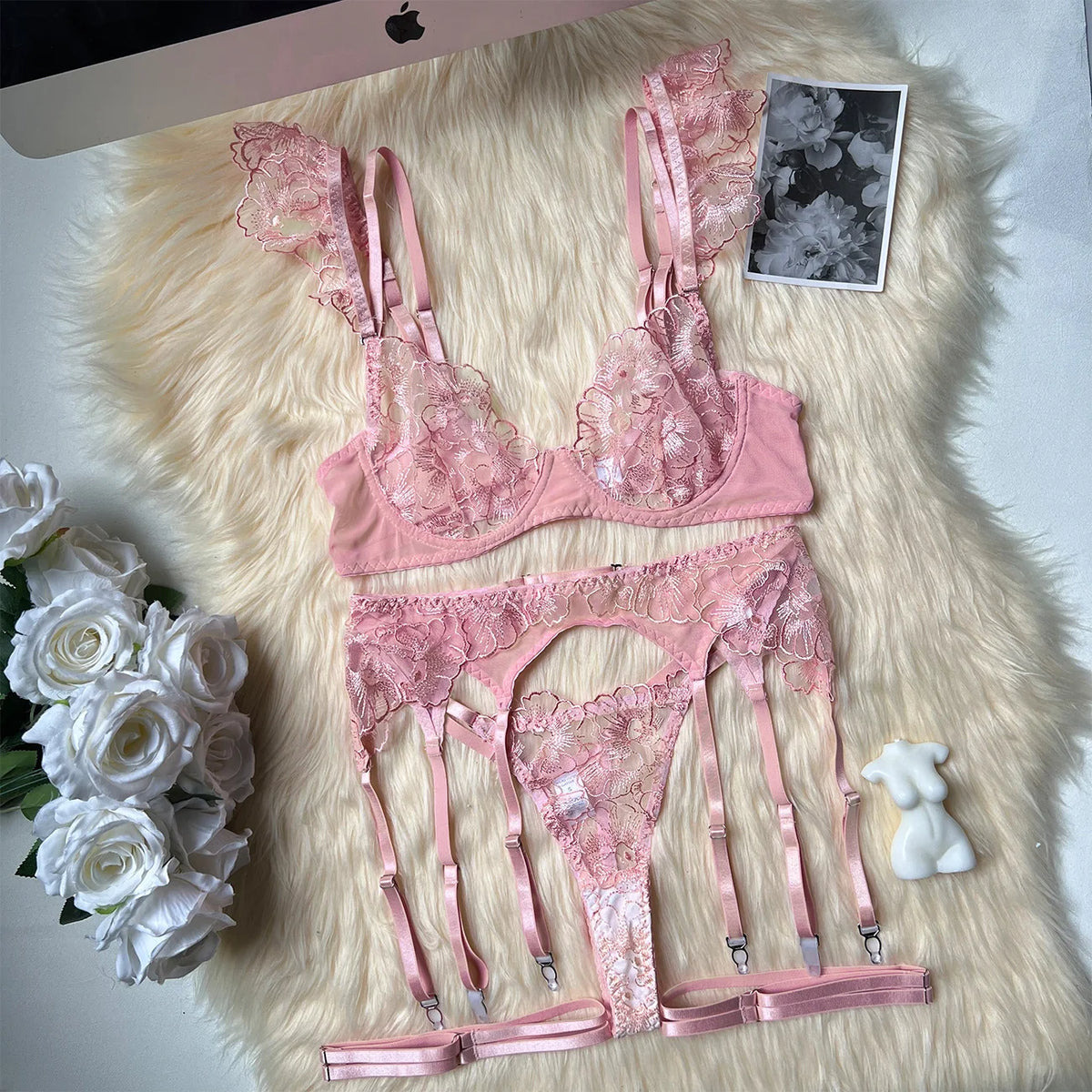 Pink lace bra and garter set for women, featuring embroidery lace and ruffle straps, perfect for affordable lingerie in NZ.