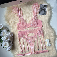 Pink lace bra and garter set for women, featuring embroidery lace and ruffle straps, perfect for affordable lingerie in NZ.