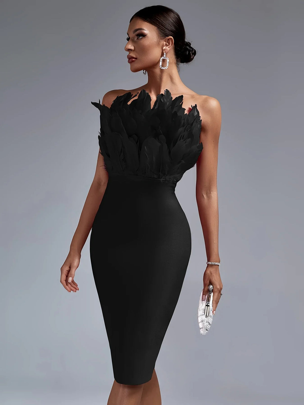 Sexy Black Bandage Party Dress with Feather Detail Luxurious Weddings