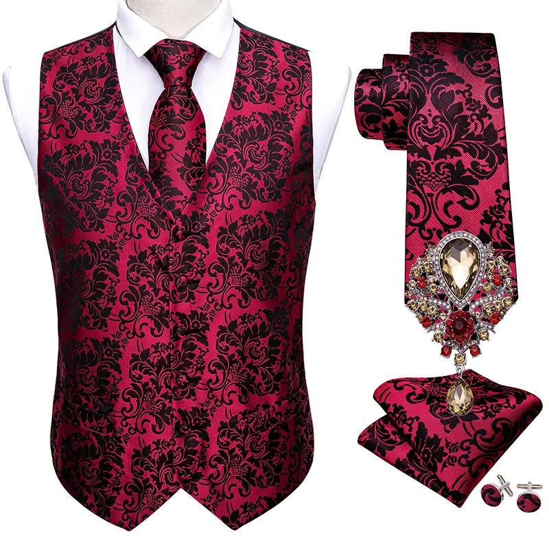 a red and black vest and tie with matching cufflinks