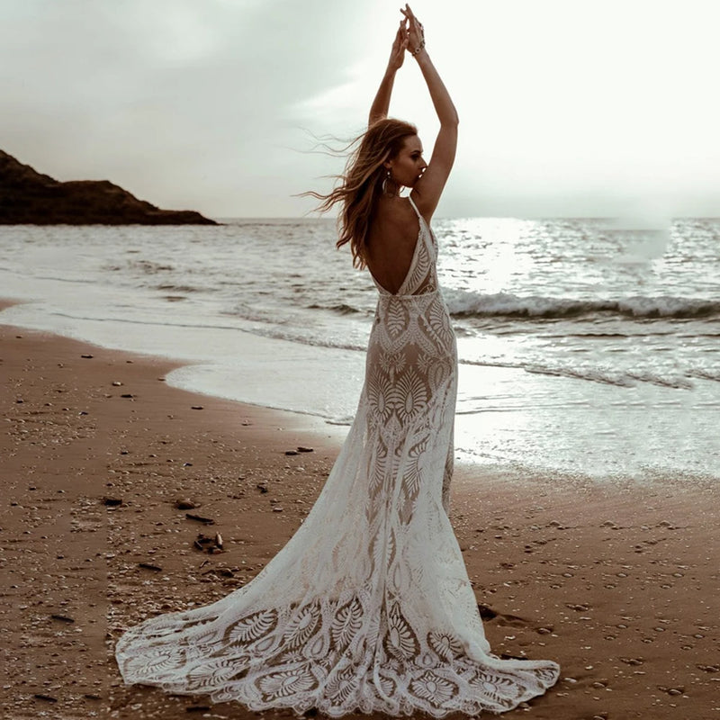 V-Neck Boho Mermaid Wedding Dress Wedding Dress Luxurious Weddings