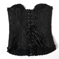 a black corset with ruffles and lace