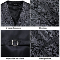 the details of a black and white paisley suit