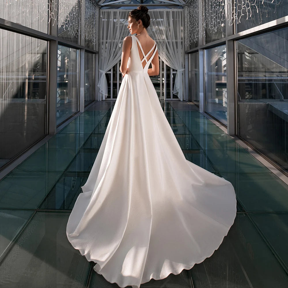 Satin A Line Criss-Cross Wedding Dress Wedding Dress Luxurious Weddings
