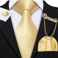 a man wearing a suit and tie with a gold tie clip